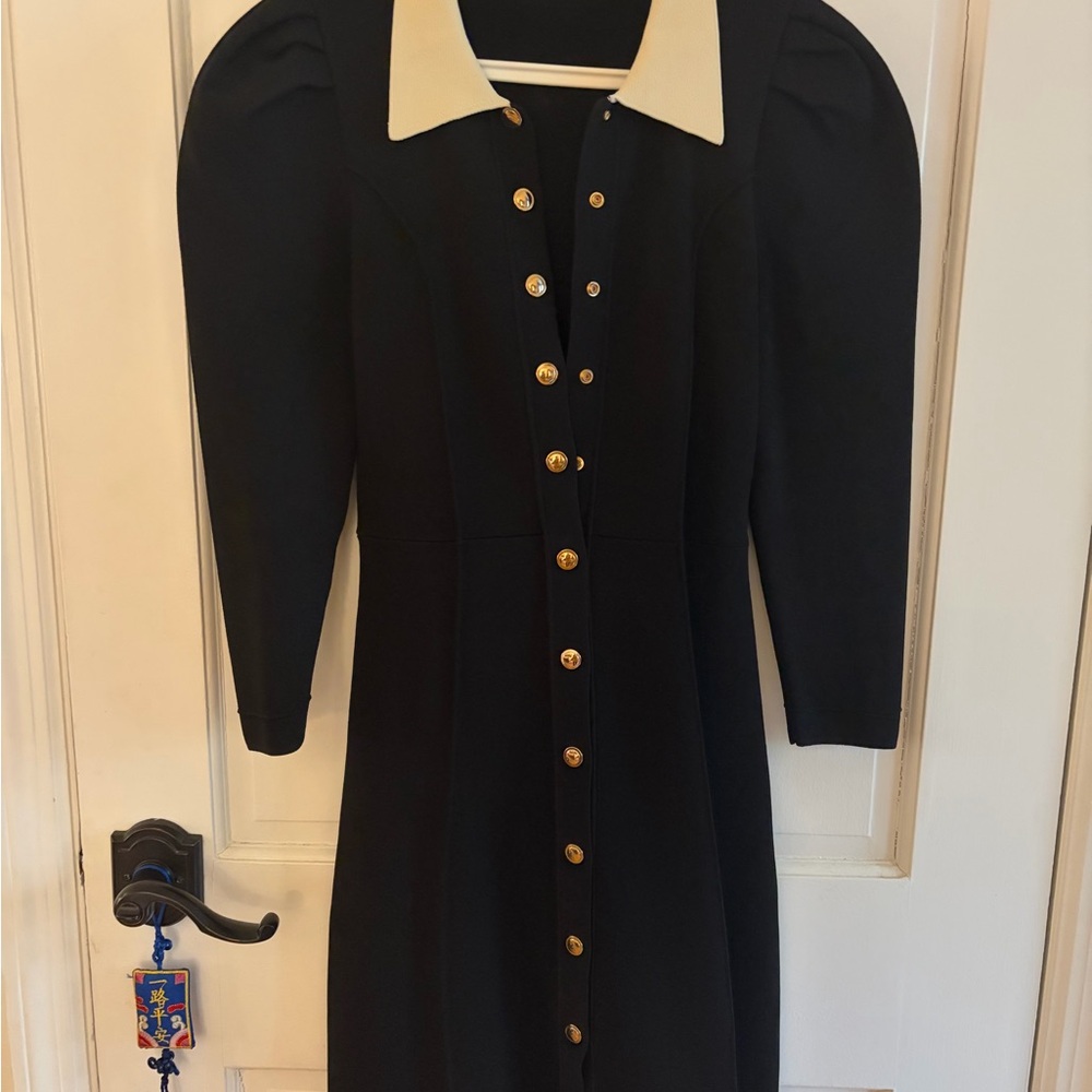 Sandro Black Long-Sleeve Dress with Cream Collar and Gold Buttons